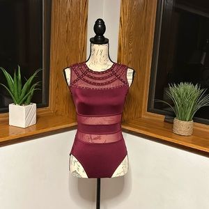 Balera Burgundy Dance Costume w/ Mesh & Rhinestone Details
